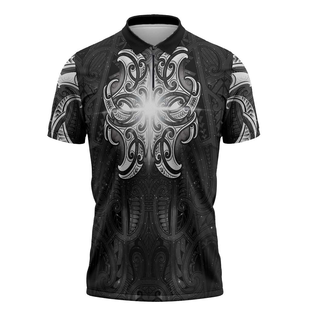 New Zealand Matariki Zipper Polo Shirt Maori Moko Black Galaxy LT05 Black - Polynesian Pride