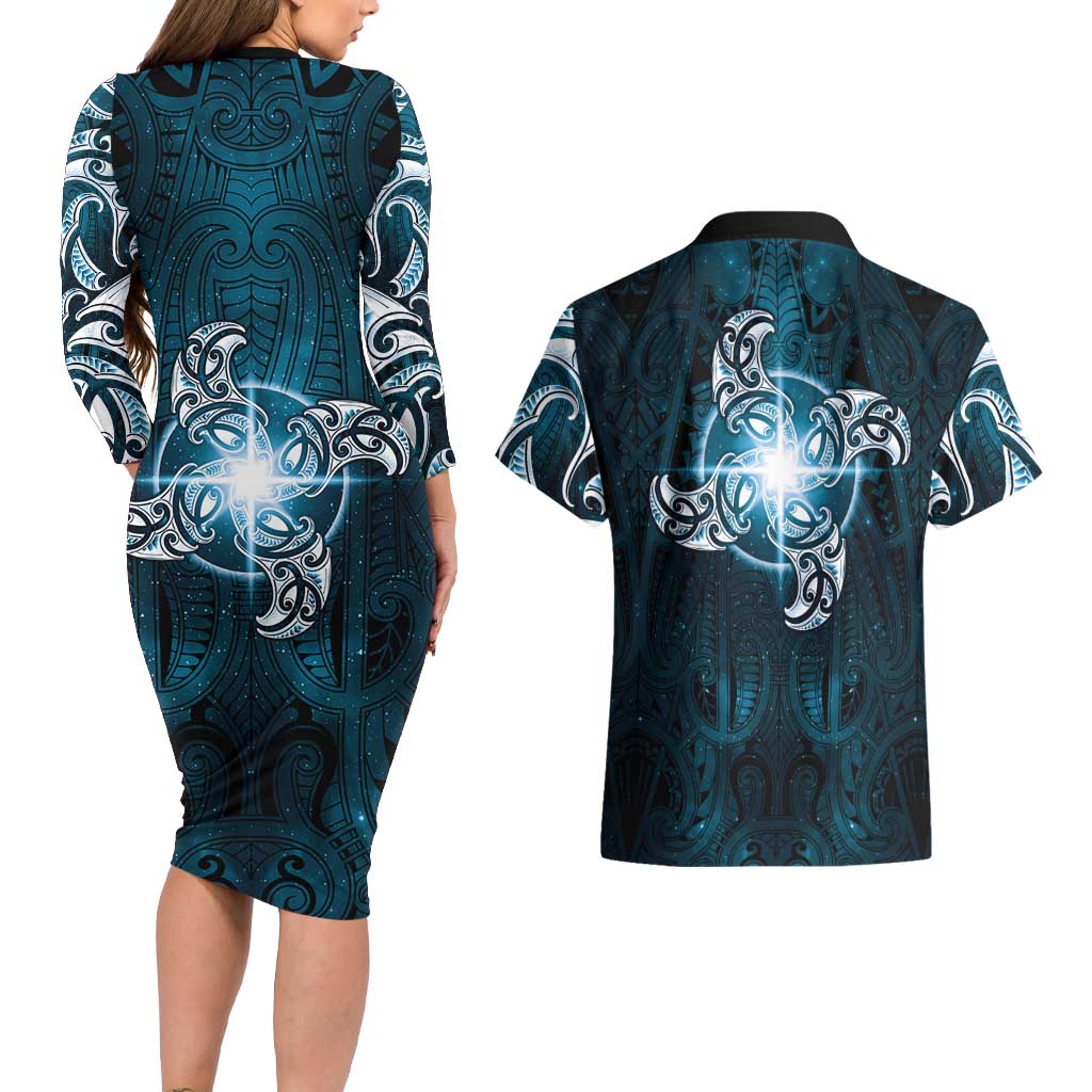 New Zealand Matariki Waita Couples Matching Long Sleeve Bodycon Dress and Hawaiian Shirt Maori Moko Dark Blue Galaxy