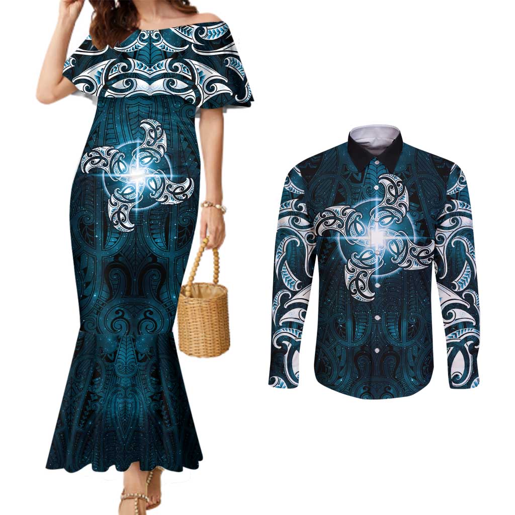 New Zealand Matariki Waita Couples Matching Mermaid Dress and Long Sleeve Button Shirt Maori Moko Dark Blue Galaxy LT05 Blue - Polynesian Pride