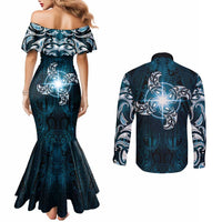 New Zealand Matariki Waita Couples Matching Mermaid Dress and Long Sleeve Button Shirt Maori Moko Dark Blue Galaxy LT05 - Polynesian Pride