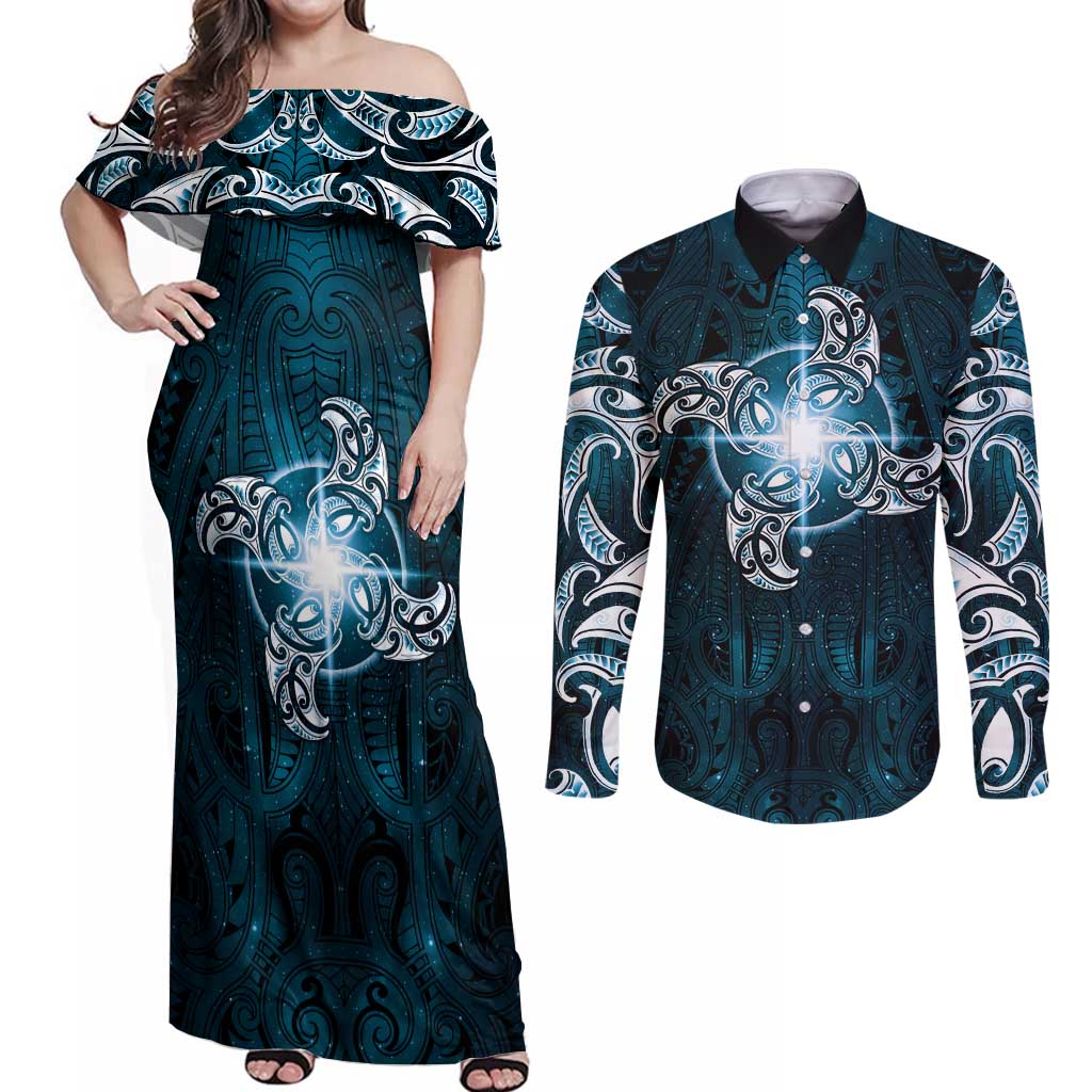 New Zealand Matariki Waita Couples Matching Off Shoulder Maxi Dress and Long Sleeve Button Shirt Maori Moko Dark Blue Galaxy LT05 Blue - Polynesian Pride