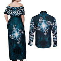 New Zealand Matariki Waita Couples Matching Off Shoulder Maxi Dress and Long Sleeve Button Shirt Maori Moko Dark Blue Galaxy LT05 - Polynesian Pride