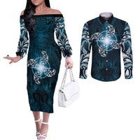 New Zealand Matariki Waita Couples Matching Off The Shoulder Long Sleeve Dress and Long Sleeve Button Shirt Maori Moko Dark Blue Galaxy