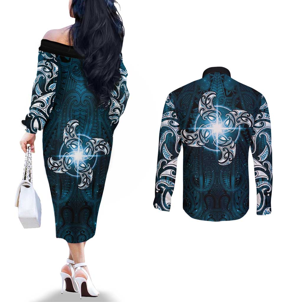 New Zealand Matariki Waita Couples Matching Off The Shoulder Long Sleeve Dress and Long Sleeve Button Shirt Maori Moko Dark Blue Galaxy