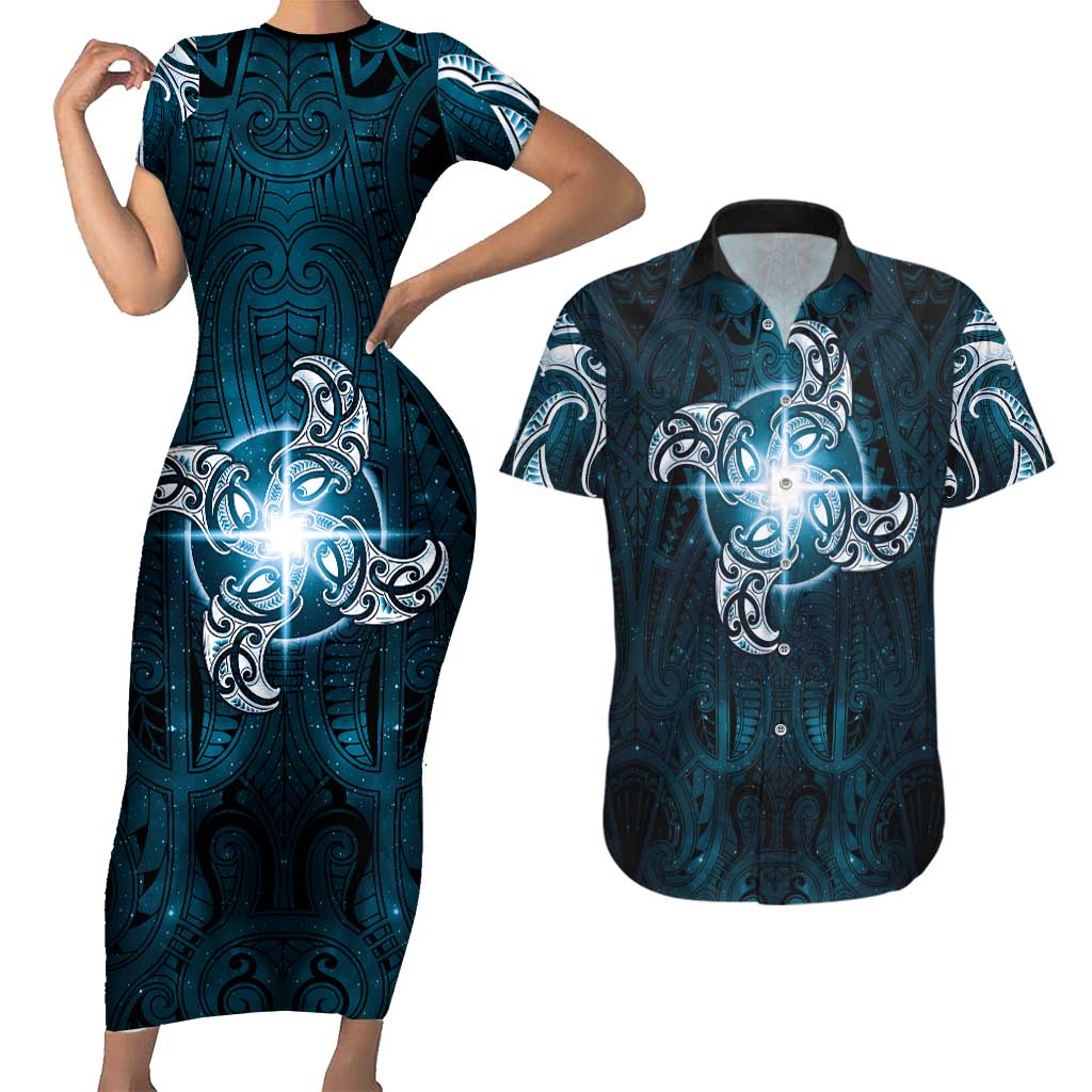 New Zealand Matariki Waita Couples Matching Short Sleeve Bodycon Dress and Hawaiian Shirt Maori Moko Dark Blue Galaxy LT05 Blue - Polynesian Pride
