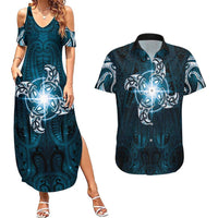 New Zealand Matariki Waita Couples Matching Summer Maxi Dress and Hawaiian Shirt Maori Moko Dark Blue Galaxy