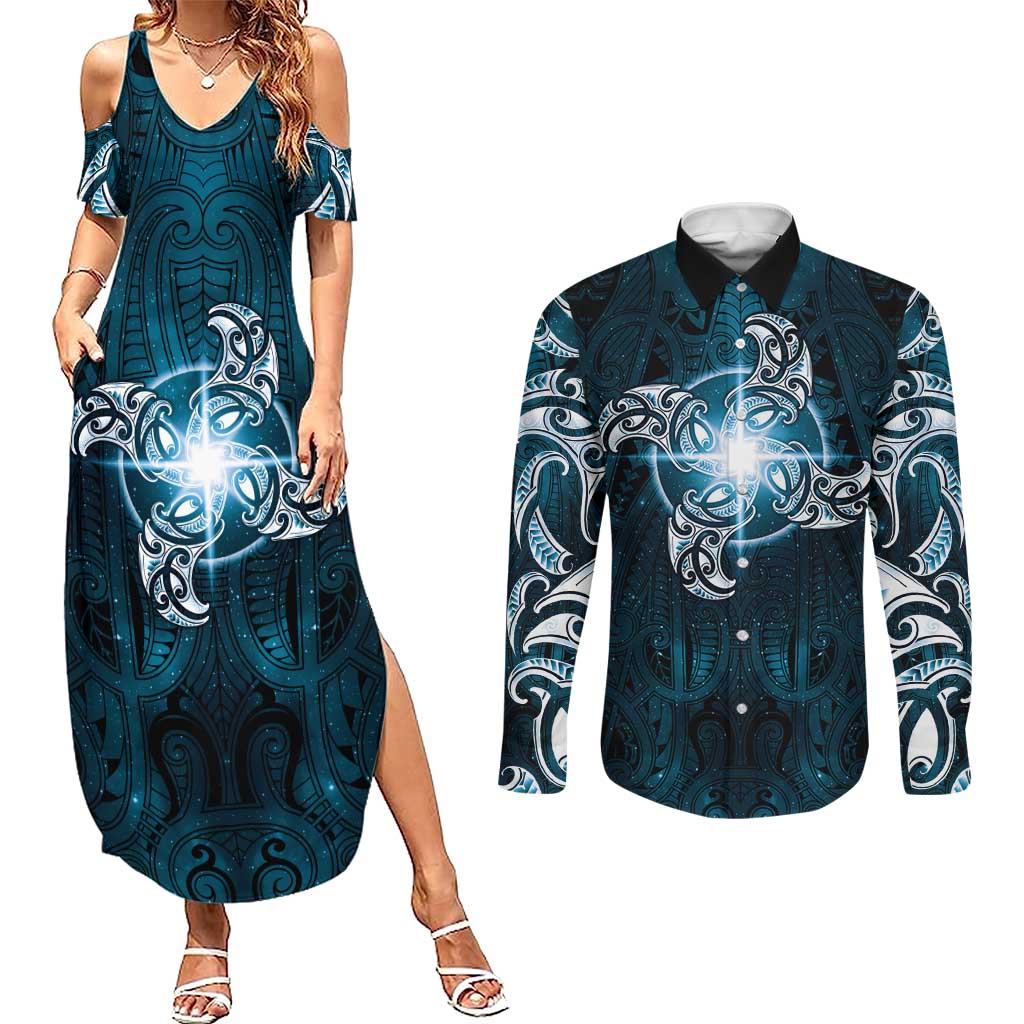 New Zealand Matariki Waita Couples Matching Summer Maxi Dress and Long Sleeve Button Shirt Maori Moko Dark Blue Galaxy LT05 Blue - Polynesian Pride