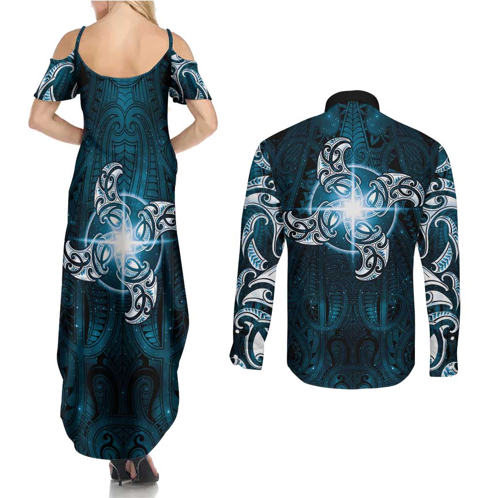 New Zealand Matariki Waita Couples Matching Summer Maxi Dress and Long Sleeve Button Shirt Maori Moko Dark Blue Galaxy LT05 - Polynesian Pride
