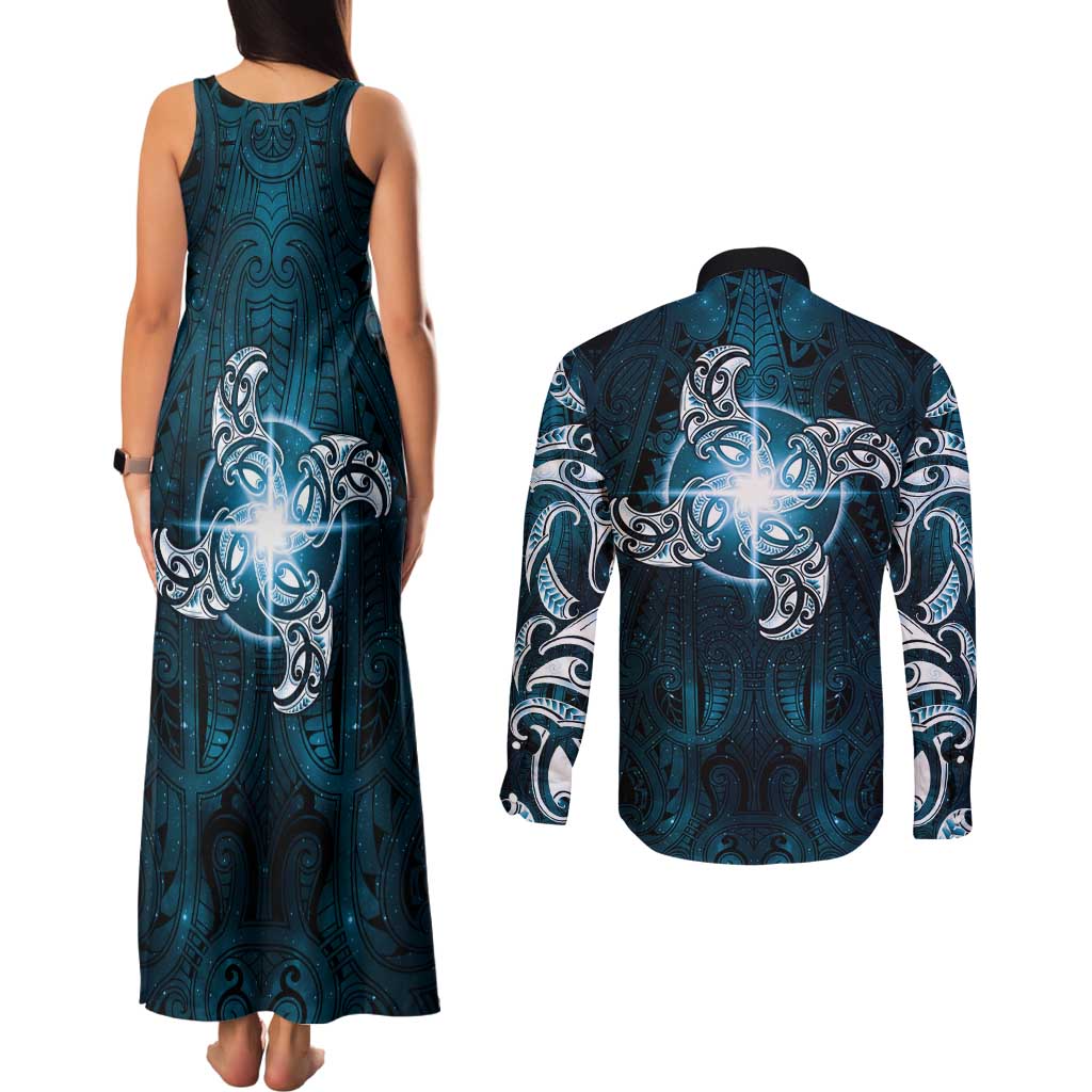 New Zealand Matariki Waita Couples Matching Tank Maxi Dress and Long Sleeve Button Shirt Maori Moko Dark Blue Galaxy LT05 - Polynesian Pride