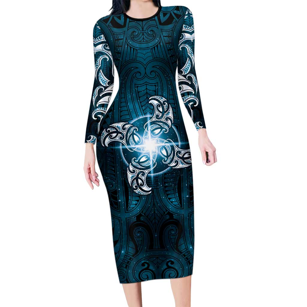 New Zealand Matariki Waita Family Matching Long Sleeve Bodycon Dress and Hawaiian Shirt Maori Moko Dark Blue Galaxy LT05 Mom's Dress Blue - Polynesian Pride