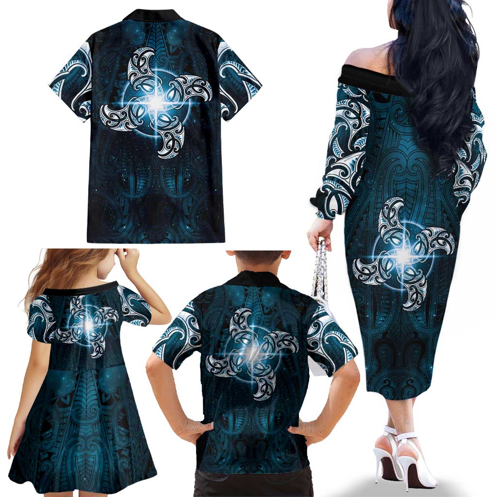 New Zealand Matariki Waita Family Matching Off The Shoulder Long Sleeve Dress and Hawaiian Shirt Maori Moko Dark Blue Galaxy LT05 - Polynesian Pride