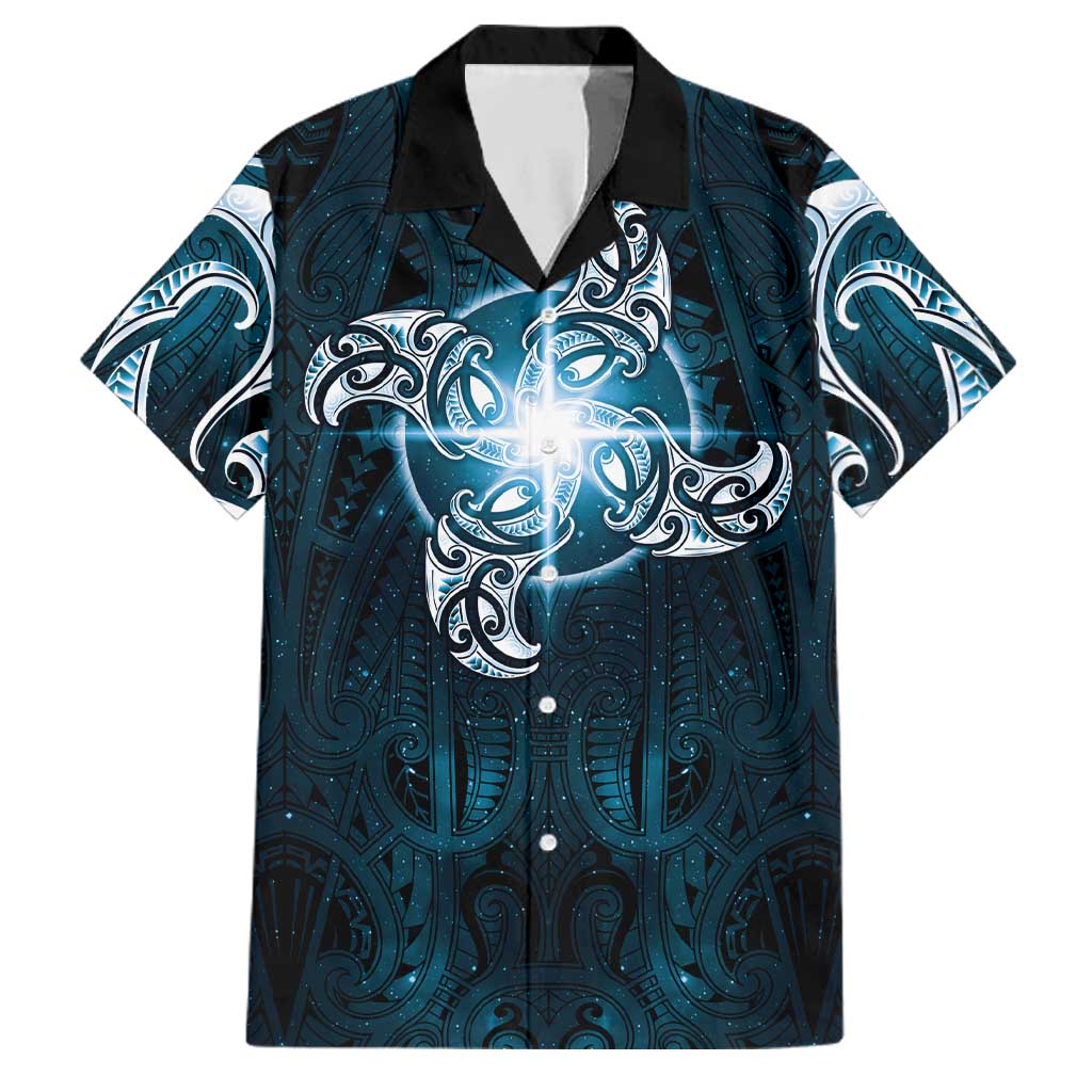 New Zealand Matariki Waita Family Matching Off The Shoulder Long Sleeve Dress and Hawaiian Shirt Maori Moko Dark Blue Galaxy LT05 Dad's Shirt - Short Sleeve Blue - Polynesian Pride