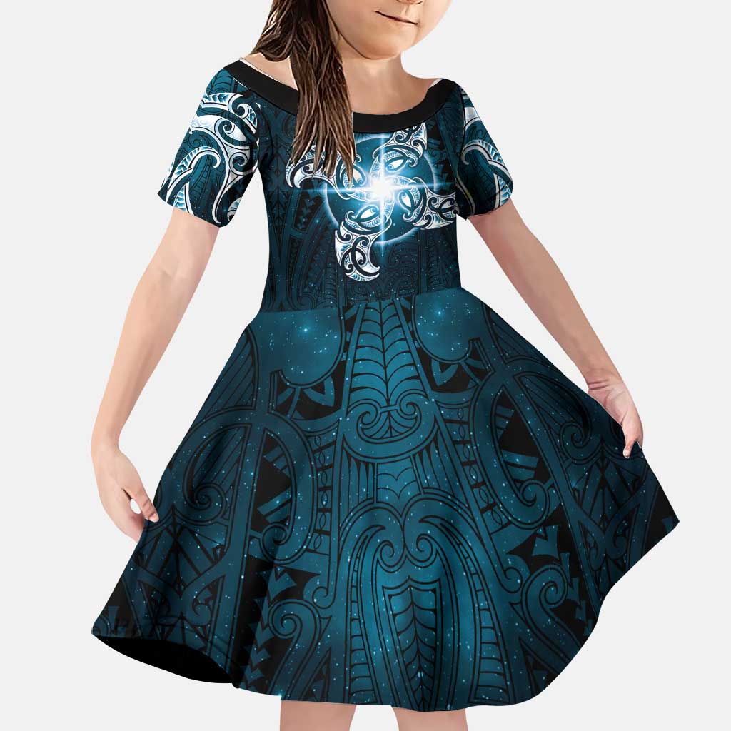 New Zealand Matariki Waita Family Matching Off Shoulder Short Dress and Hawaiian Shirt Maori Moko Dark Blue Galaxy LT05 Daughter's Dress Blue - Polynesian Pride