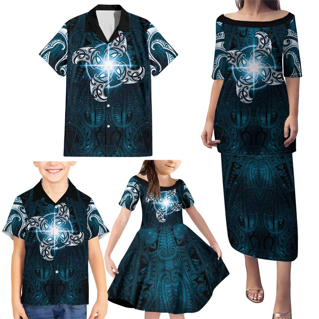 New Zealand Matariki Waita Family Matching Puletasi and Hawaiian Shirt Maori Moko Dark Blue Galaxy LT05 - Polynesian Pride