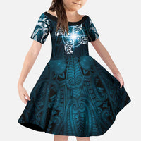 New Zealand Matariki Waita Family Matching Short Sleeve Bodycon Dress and Hawaiian Shirt Maori Moko Dark Blue Galaxy LT05 Daughter's Dress Blue - Polynesian Pride