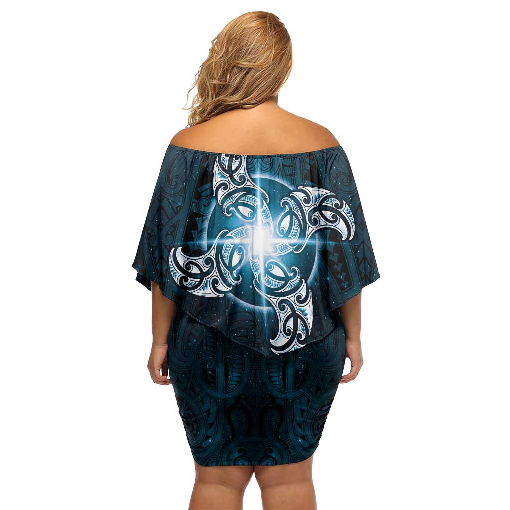 New Zealand Matariki Waita Off Shoulder Short Dress Maori Moko Dark Blue Galaxy