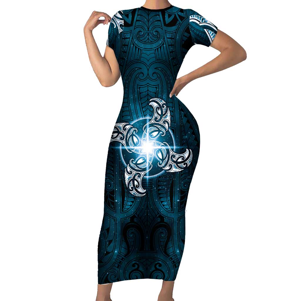New Zealand Matariki Waita Short Sleeve Bodycon Dress Maori Moko Dark Blue Galaxy LT05 Long Dress Blue - Polynesian Pride