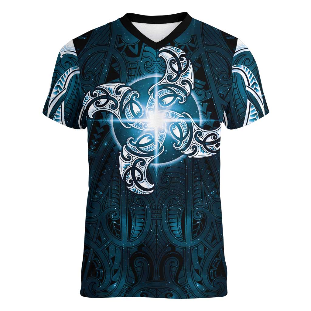 New Zealand Matariki Waita Women V-Neck T-Shirt Maori Moko Dark Blue Galaxy LT05 Female Blue - Polynesian Pride