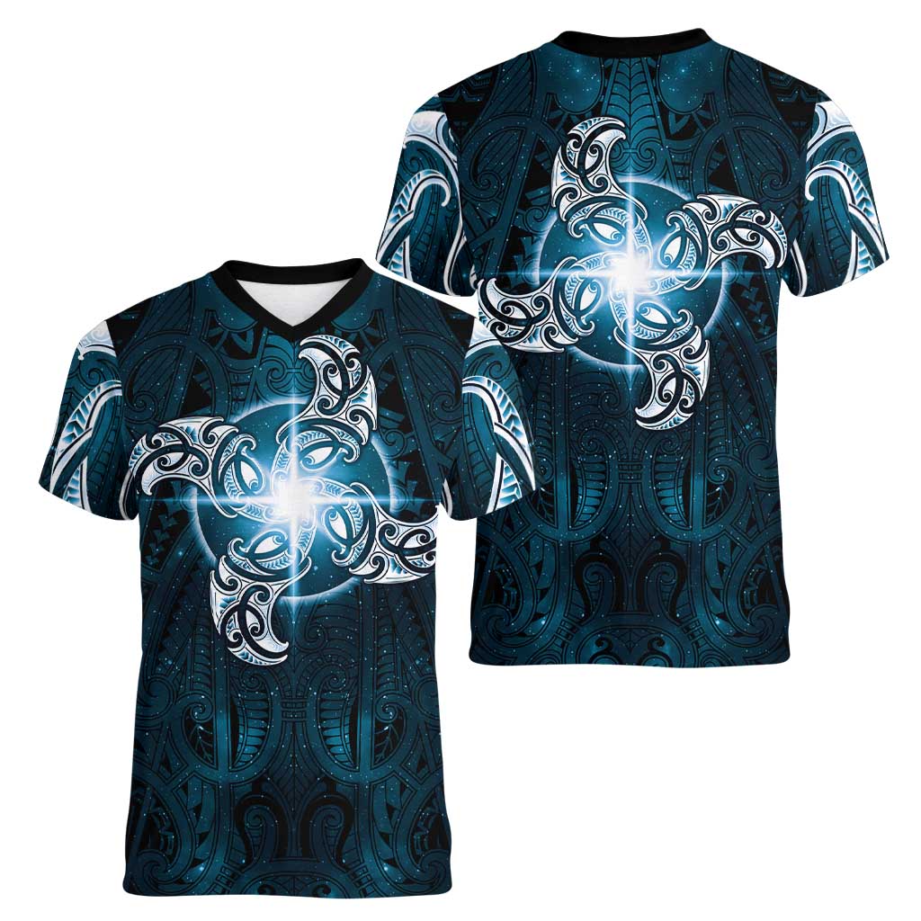 New Zealand Matariki Waita Women V-Neck T-Shirt Maori Moko Dark Blue Galaxy LT05 - Polynesian Pride