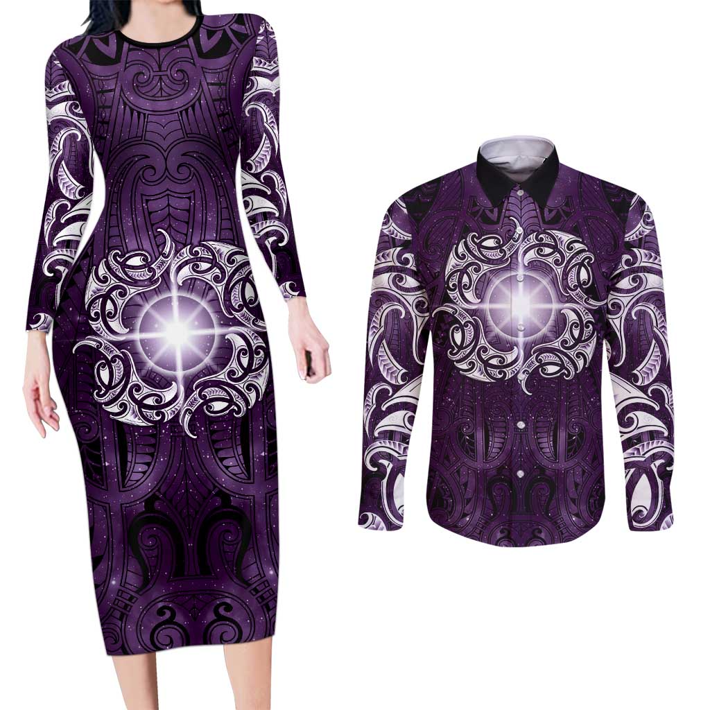 New Zealand Matariki Waipunarangi Couples Matching Long Sleeve Bodycon Dress and Long Sleeve Button Shirt Maori Moko Purple Galaxy LT05 Purple - Polynesian Pride