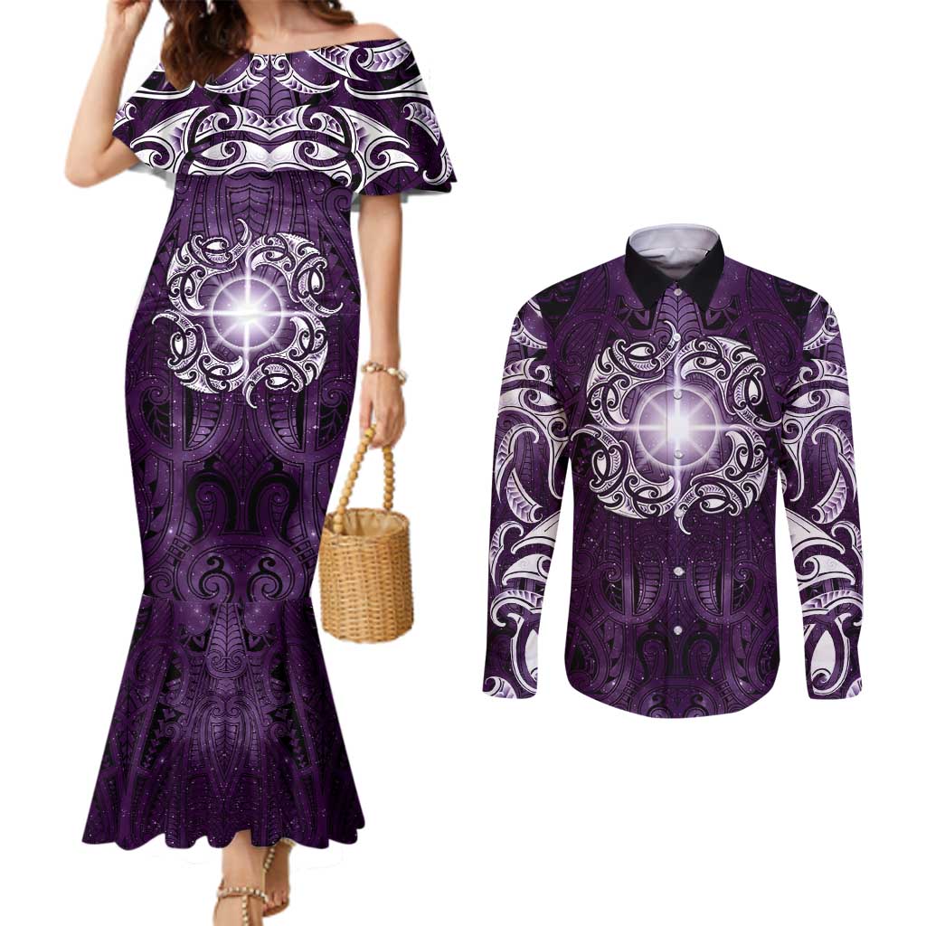 New Zealand Matariki Waipunarangi Couples Matching Mermaid Dress and Long Sleeve Button Shirt Maori Moko Purple Galaxy LT05 Purple - Polynesian Pride