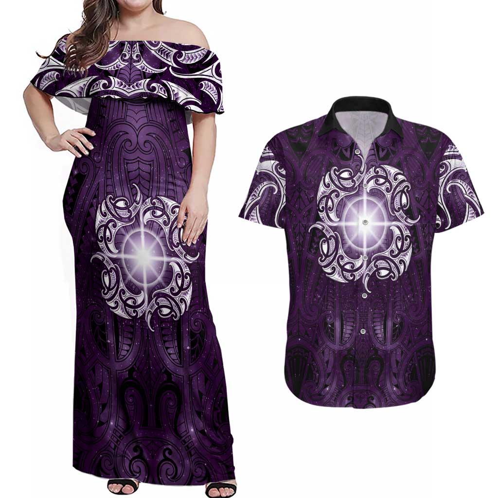 New Zealand Matariki Waipunarangi Couples Matching Off Shoulder Maxi Dress and Hawaiian Shirt Maori Moko Purple Galaxy LT05 Purple - Polynesian Pride