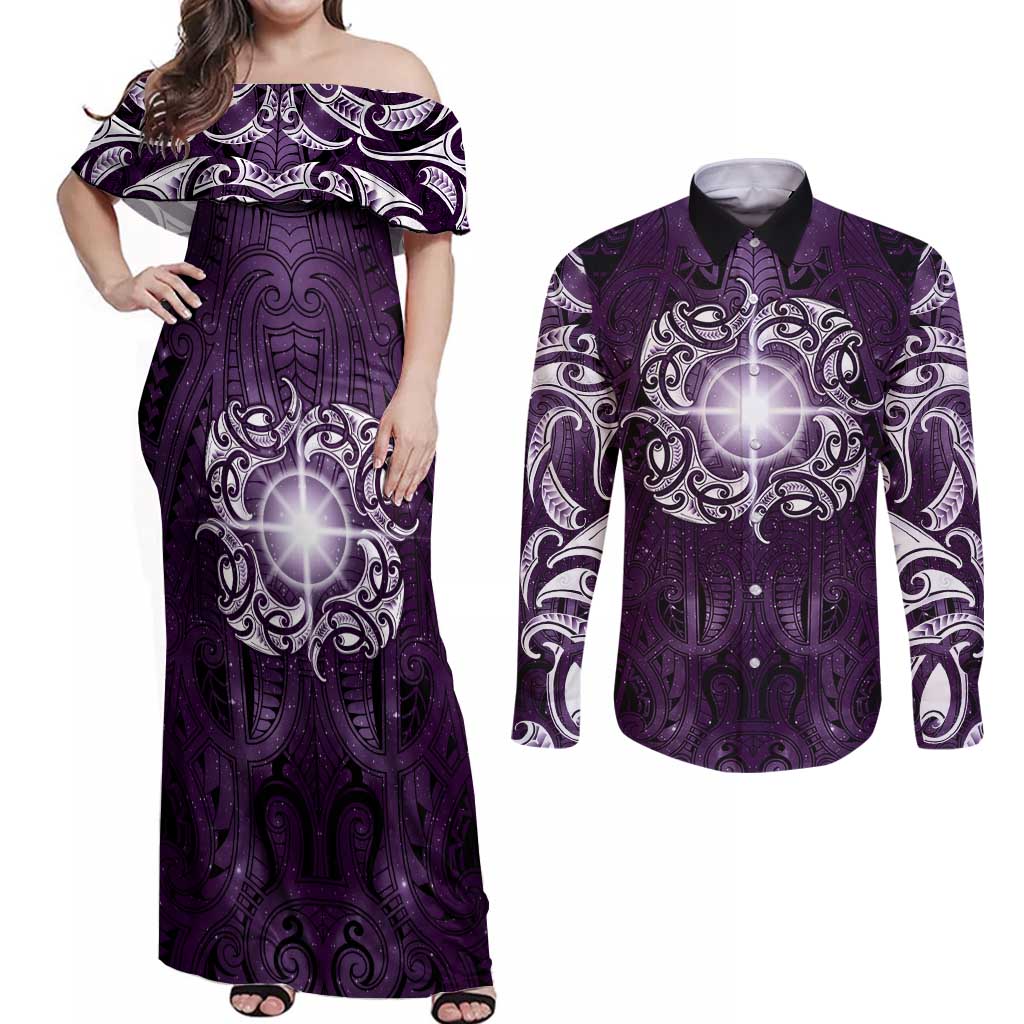 New Zealand Matariki Waipunarangi Couples Matching Off Shoulder Maxi Dress and Long Sleeve Button Shirt Maori Moko Purple Galaxy LT05 Purple - Polynesian Pride