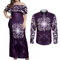 New Zealand Matariki Waipunarangi Couples Matching Off Shoulder Maxi Dress and Long Sleeve Button Shirt Maori Moko Purple Galaxy LT05 Purple - Polynesian Pride