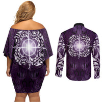 New Zealand Matariki Waipunarangi Couples Matching Off Shoulder Short Dress and Long Sleeve Button Shirt Maori Moko Purple Galaxy LT05 - Polynesian Pride