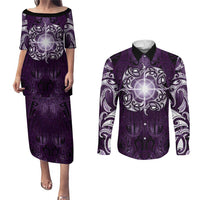 New Zealand Matariki Waipunarangi Couples Matching Puletasi and Long Sleeve Button Shirt Maori Moko Purple Galaxy