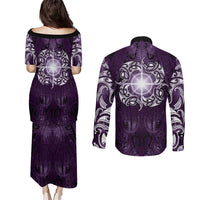 New Zealand Matariki Waipunarangi Couples Matching Puletasi and Long Sleeve Button Shirt Maori Moko Purple Galaxy