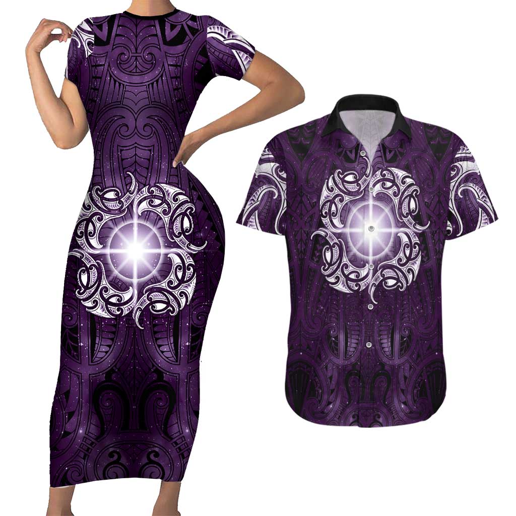 New Zealand Matariki Waipunarangi Couples Matching Short Sleeve Bodycon Dress and Hawaiian Shirt Maori Moko Purple Galaxy LT05 Purple - Polynesian Pride