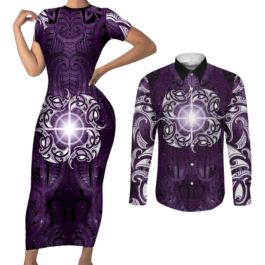 New Zealand Matariki Waipunarangi Couples Matching Short Sleeve Bodycon Dress and Long Sleeve Button Shirt Maori Moko Purple Galaxy LT05 Purple - Polynesian Pride