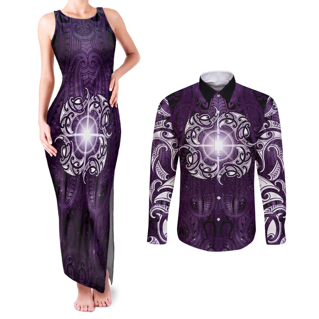 New Zealand Matariki Waipunarangi Couples Matching Tank Maxi Dress and Long Sleeve Button Shirt Maori Moko Purple Galaxy LT05 Purple - Polynesian Pride