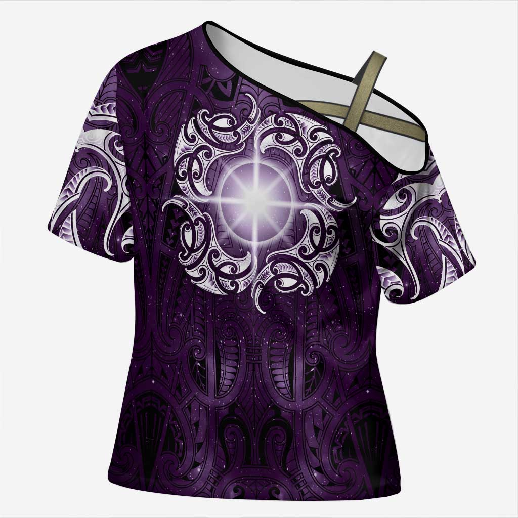 New Zealand Matariki Waipunarangi Cross Shoulder Shirt Maori Moko Purple Galaxy LT05 Female Purple - Polynesian Pride