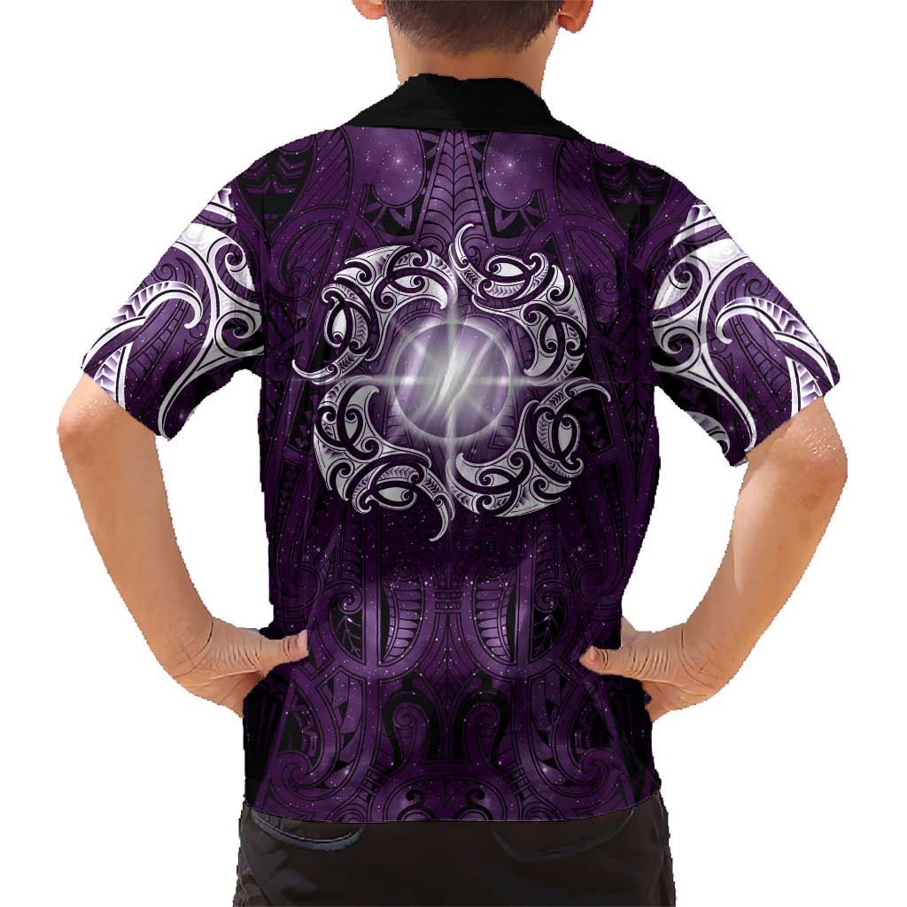 New Zealand Matariki Waipunarangi Family Matching Long Sleeve Bodycon Dress and Hawaiian Shirt Maori Moko Purple Galaxy LT05 - Polynesian Pride