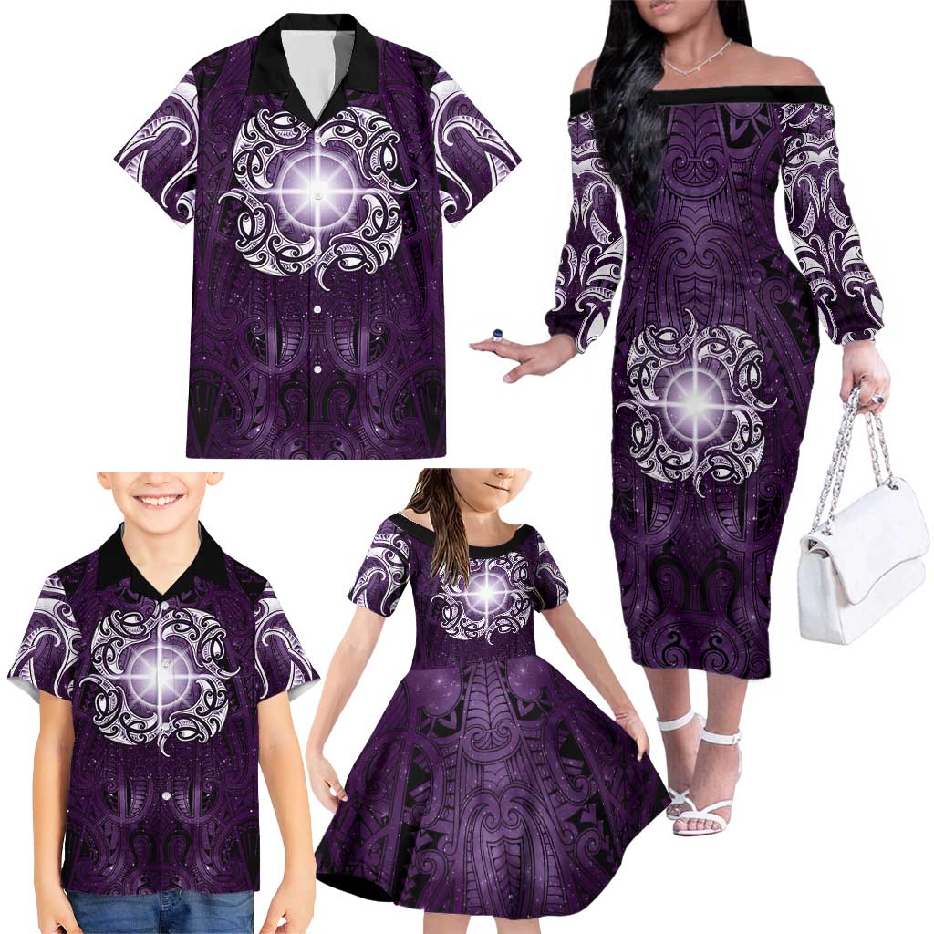 New Zealand Matariki Waipunarangi Family Matching Off The Shoulder Long Sleeve Dress and Hawaiian Shirt Maori Moko Purple Galaxy LT05 - Polynesian Pride