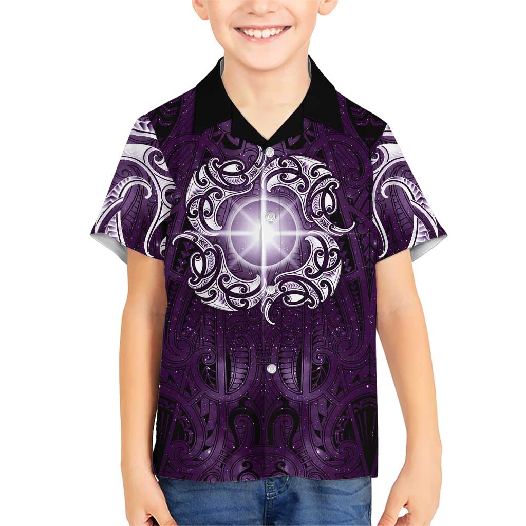 New Zealand Matariki Waipunarangi Family Matching Off The Shoulder Long Sleeve Dress and Hawaiian Shirt Maori Moko Purple Galaxy LT05 Son's Shirt Purple - Polynesian Pride