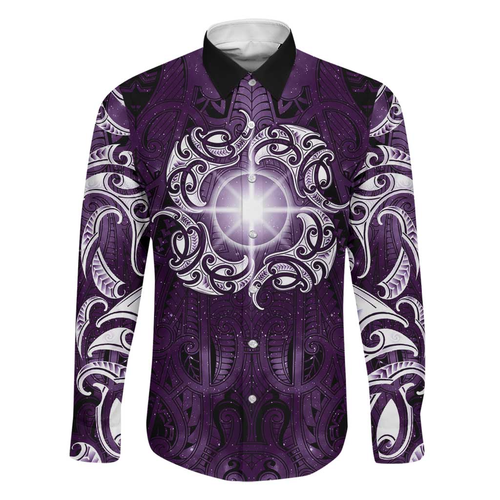 New Zealand Matariki Waipunarangi Family Matching Off Shoulder Maxi Dress and Hawaiian Shirt Maori Moko Purple Galaxy LT05 Dad's Shirt - Long Sleeve Purple - Polynesian Pride
