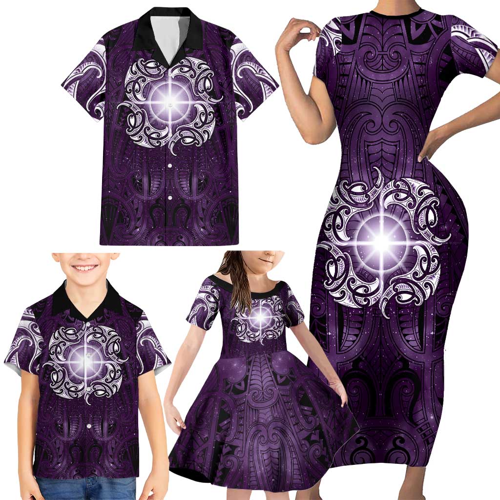 New Zealand Matariki Waipunarangi Family Matching Short Sleeve Bodycon Dress and Hawaiian Shirt Maori Moko Purple Galaxy LT05 - Polynesian Pride