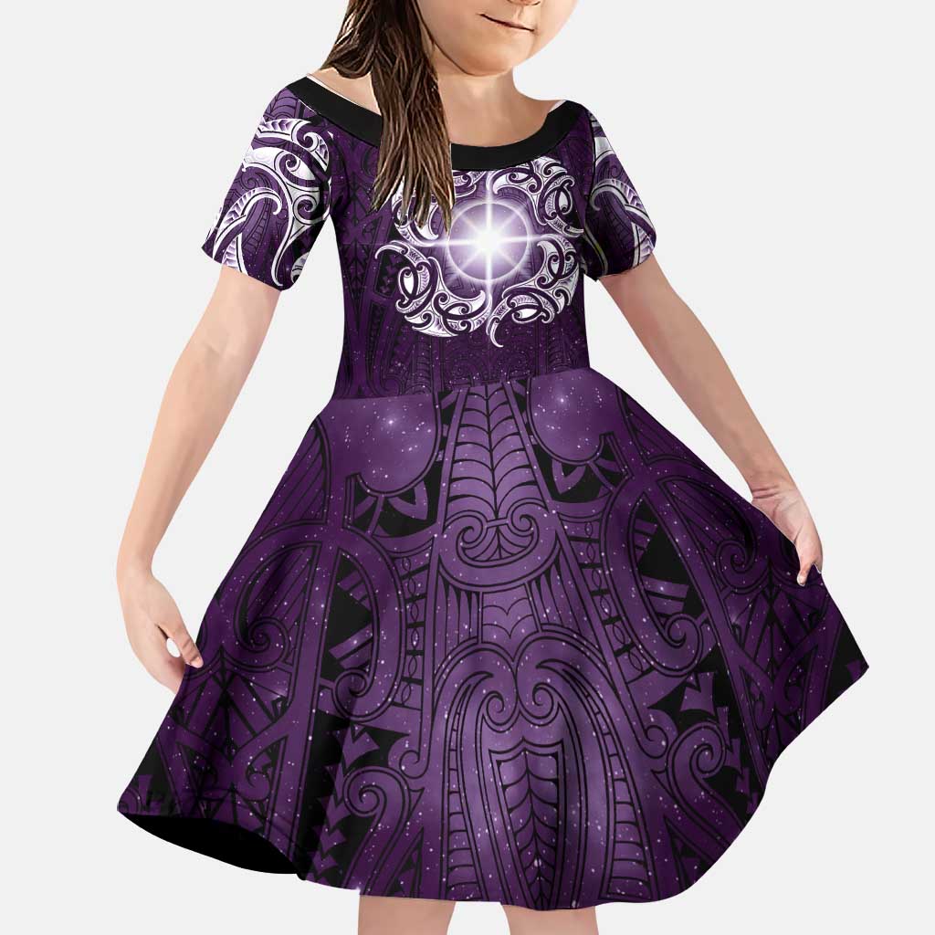 New Zealand Matariki Waipunarangi Family Matching Summer Maxi Dress and Hawaiian Shirt Maori Moko Purple Galaxy LT05 Daughter's Dress Purple - Polynesian Pride