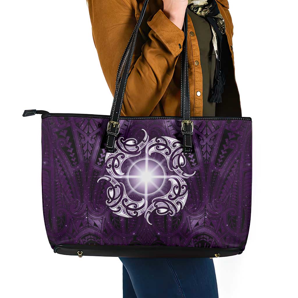 New Zealand Matariki Waipunarangi Leather Tote Bag Maori Moko Purple Galaxy LT05 - Polynesian Pride