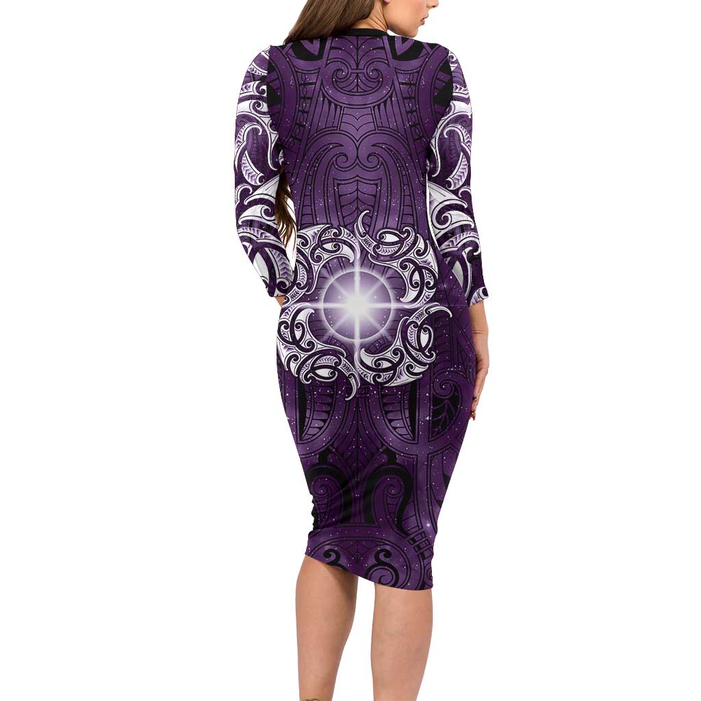 New Zealand Matariki Waipunarangi Long Sleeve Bodycon Dress Maori Moko Purple Galaxy LT05 - Polynesian Pride