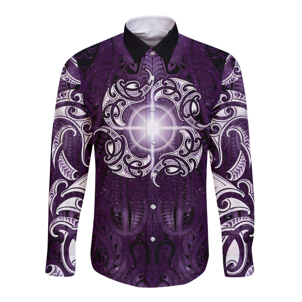 New Zealand Matariki Waipunarangi Long Sleeve Button Shirt Maori Moko Purple Galaxy LT05 Unisex Purple - Polynesian Pride