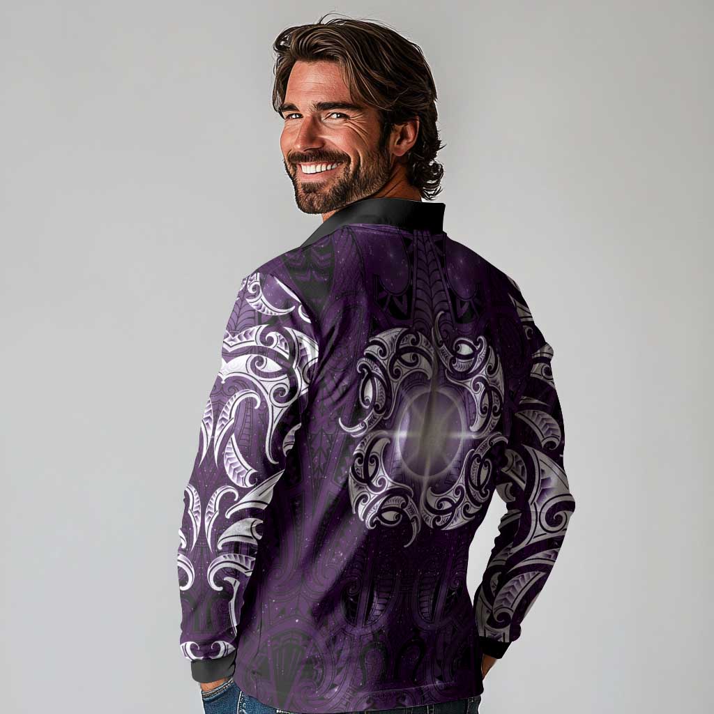 New Zealand Matariki Waipunarangi Long Sleeve Polo Shirt Maori Moko Purple Galaxy
