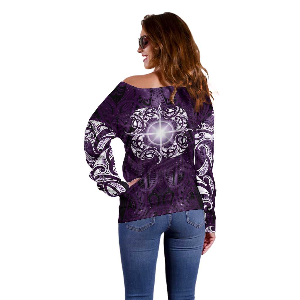 New Zealand Matariki Waipunarangi Off Shoulder Sweater Maori Moko Purple Galaxy LT05 - Polynesian Pride