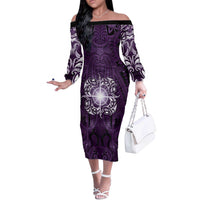 New Zealand Matariki Waipunarangi Off The Shoulder Long Sleeve Dress Maori Moko Purple Galaxy LT05 Women Purple - Polynesian Pride
