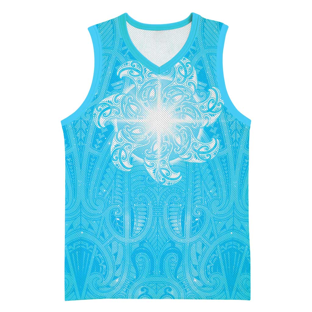 New Zealand Matariki Waiti Basketball Jersey Maori Moko Cyan Galaxy LT05 Unisex Cyan - Polynesian Pride