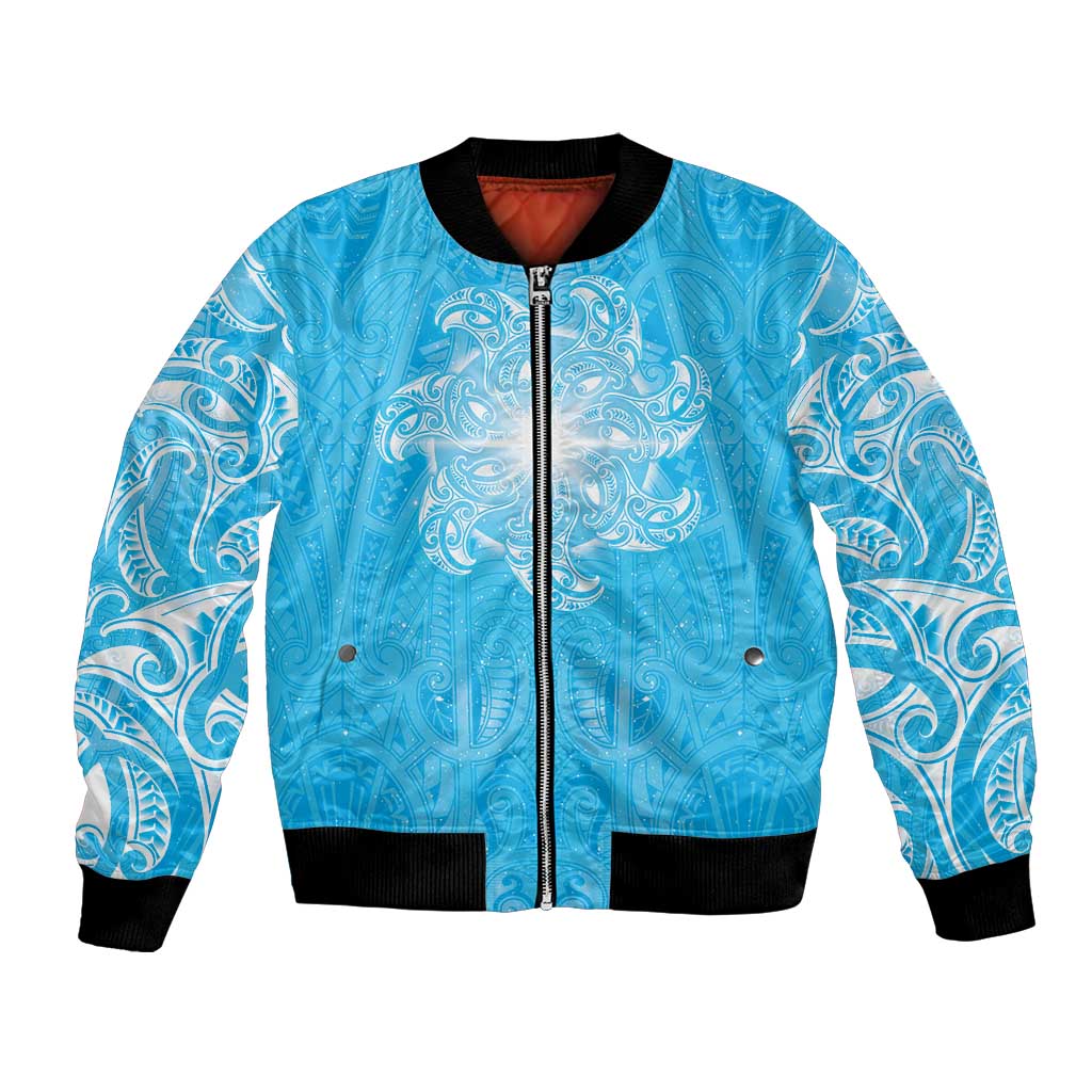 New Zealand Matariki Waiti Bomber Jacket Maori Moko Cyan Galaxy
