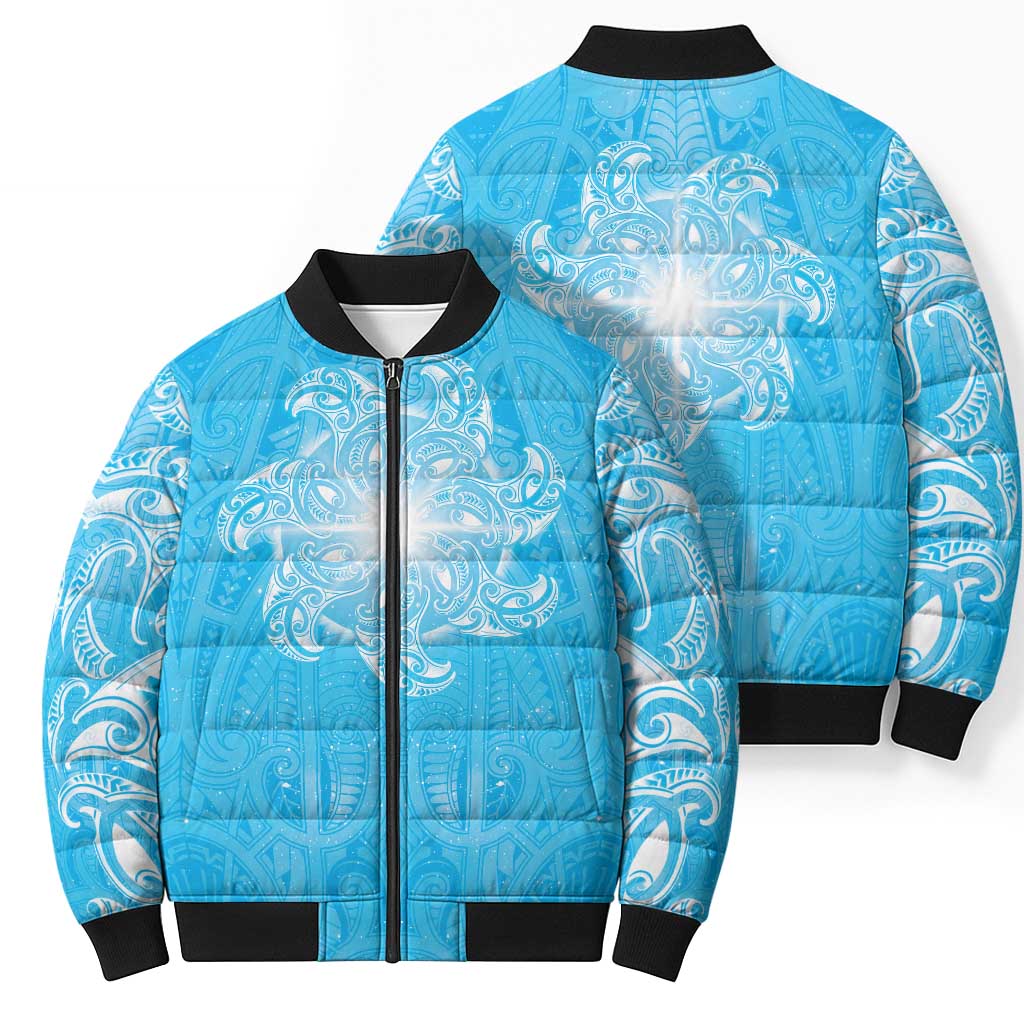 New Zealand Matariki Waiti Bomber Puffer Jacket Maori Moko Cyan Galaxy LT05 - Polynesian Pride